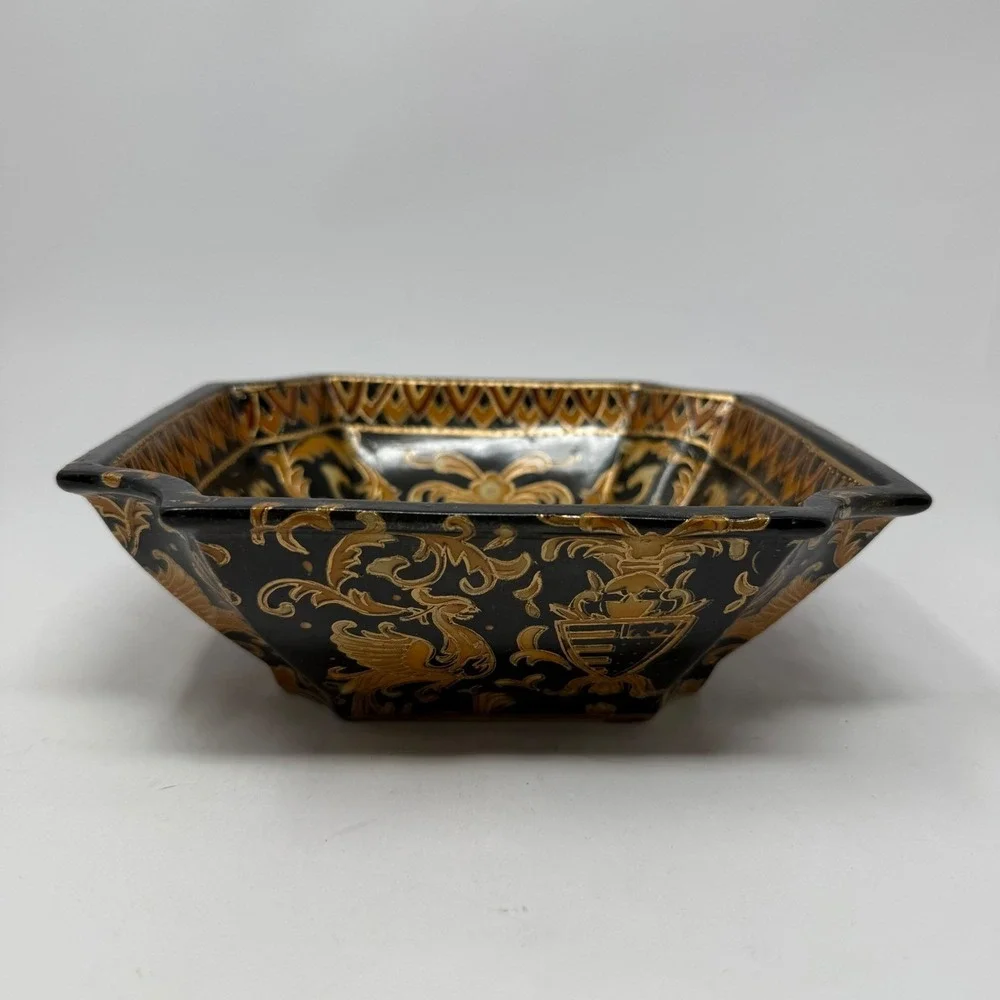Vintage Bowl Black Gold Heraldic French Phoenix Crest‎ Square Chinoiserie 8